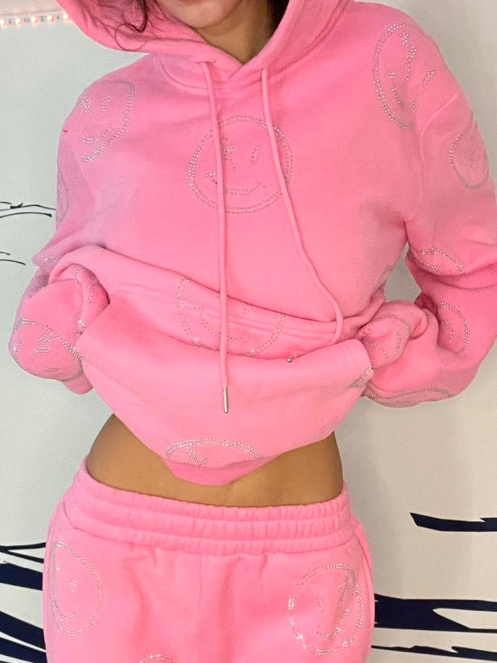 Retrovert Women’s Pink Rhinestone Smiley Hoodie - Size Large